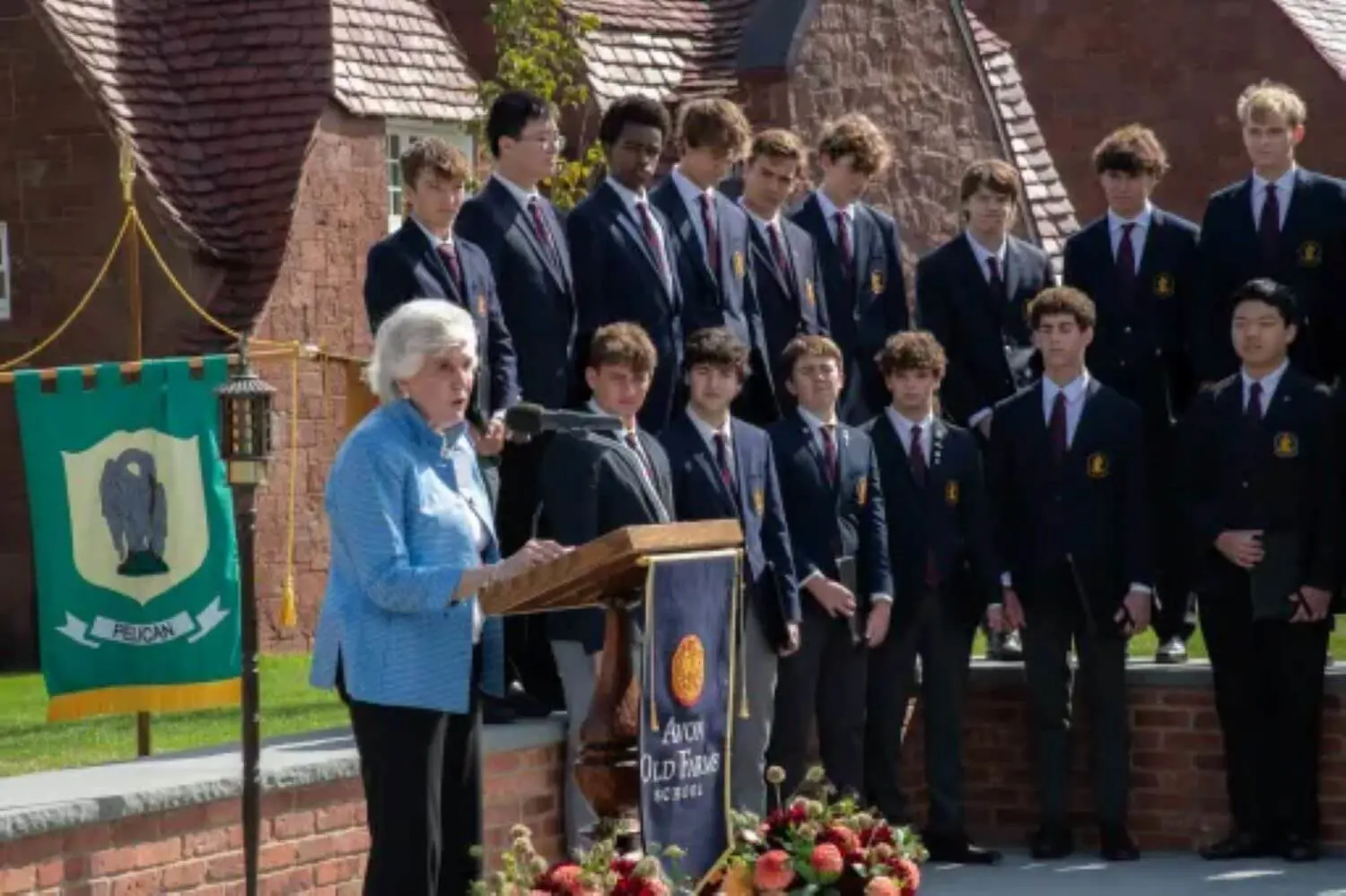 Erika Aron giving a speech at the Peter A. Aron ’65 Memorial Patio dedication ceremony.