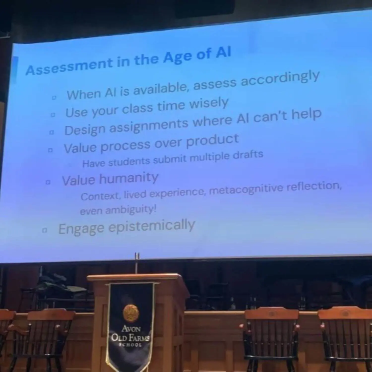 Avon Old Farms AI presentation slide.