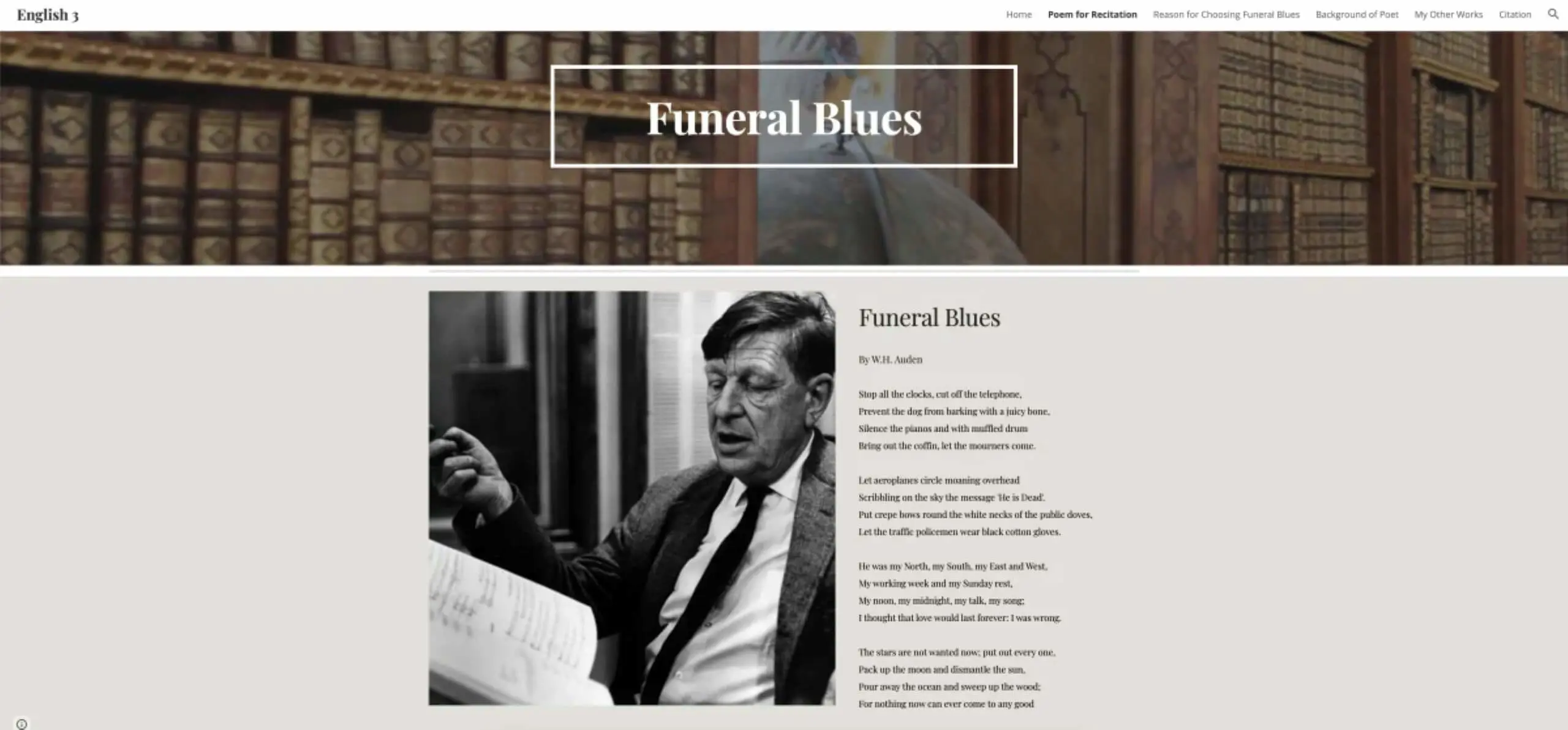 Logan Seo: English 3, "Funeral Blues" by W.H. Auden.