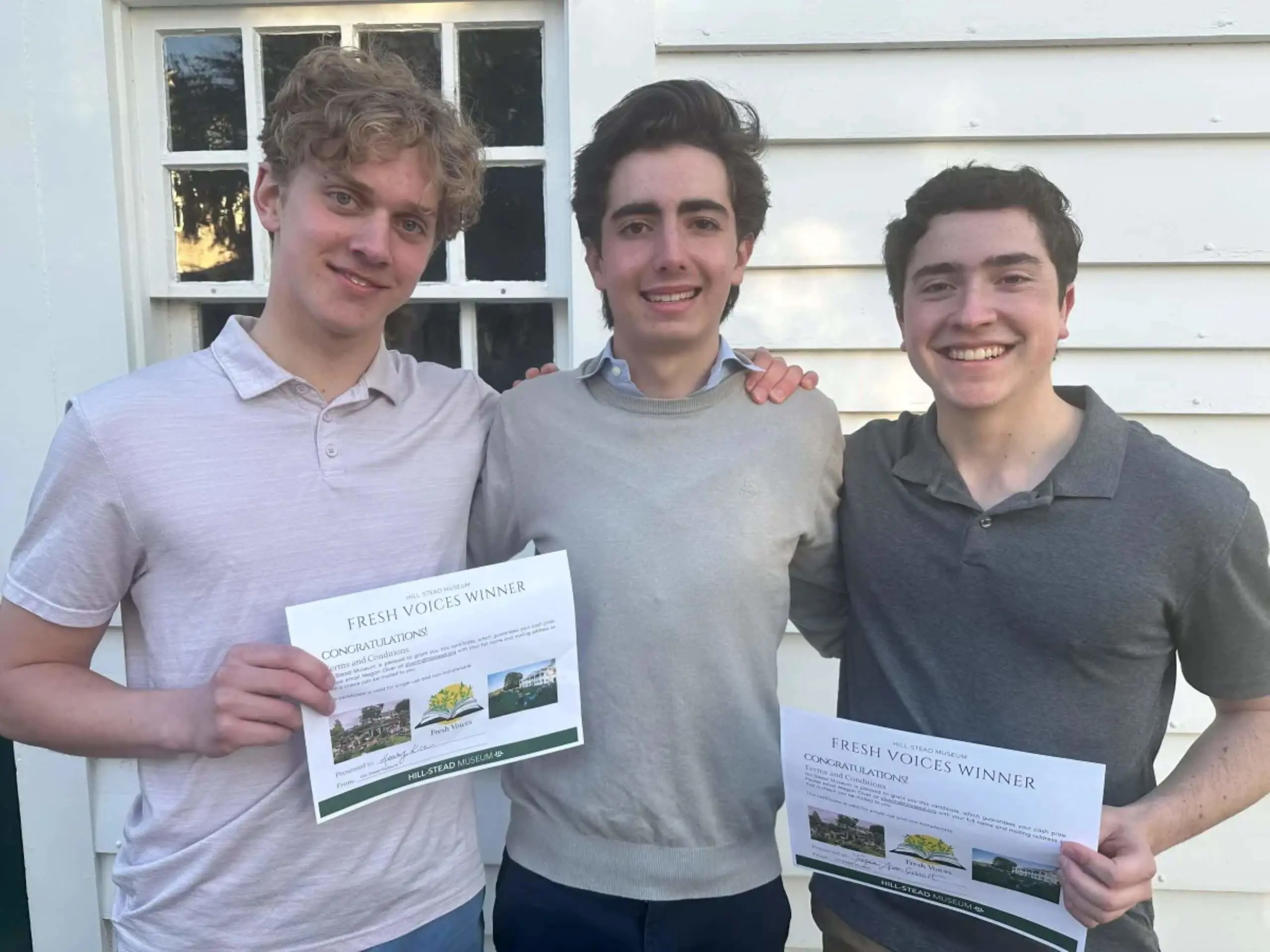  Fresh Voices Poetry Competition finalists, Henry Kice ’24, Joaquín Acuña Girault ’24, and Andrés Calderón Suárez ’27