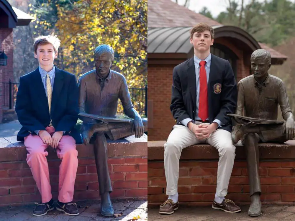 Avon Old Farms students sitting with brass sculpture.