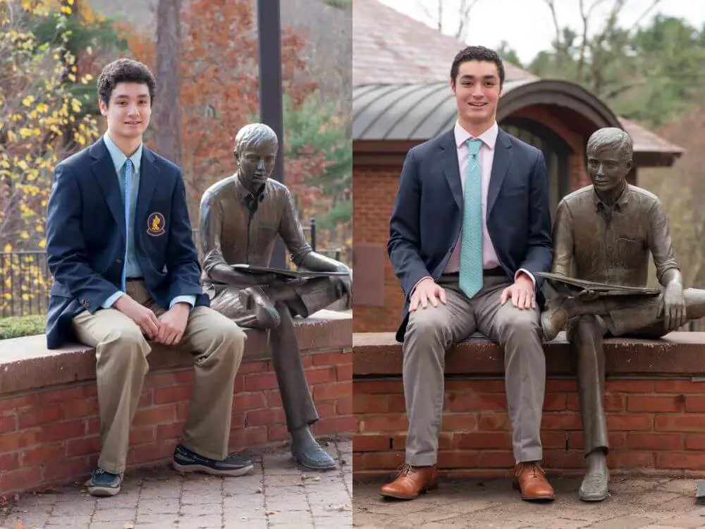 Avon Old Farms students sitting with brass sculpture.