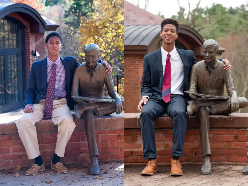 Avon Old Farms students sitting with brass sculpture.