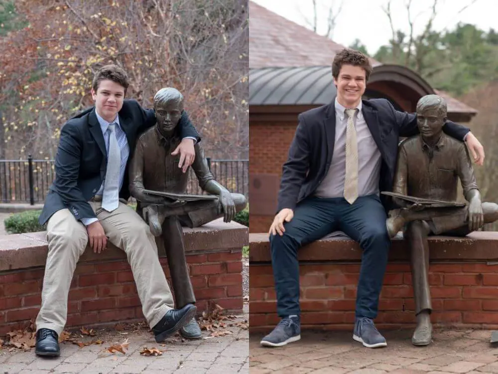 Avon Old Farms students sitting with brass sculpture.
