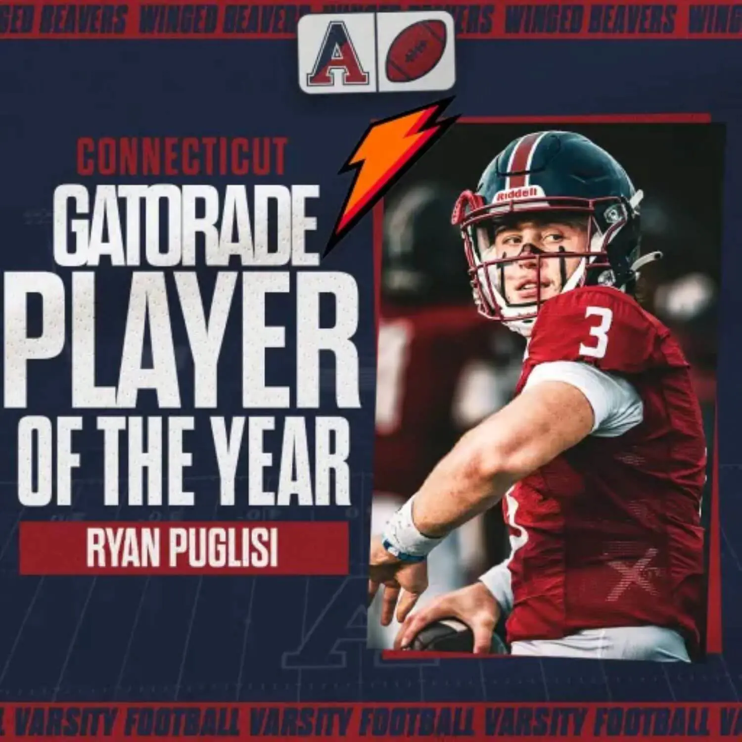 Ryan Puglisi of Avon Old Farms is the 2023-24 Gatorade Connecticut Football Player of the Year.