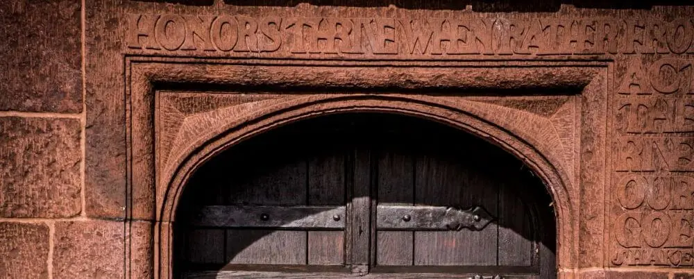 Doorway with carved text, Avon Old Farms school building.