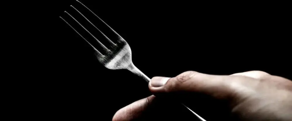 Photograph of a hand holding a fork
