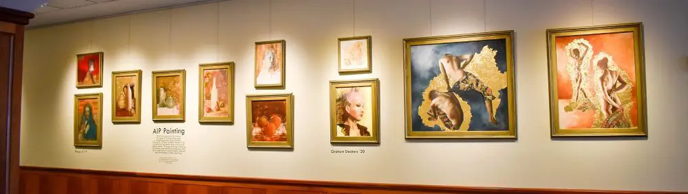 Avon old Farms AIP student artworks hanging in the Ordway Gallery.