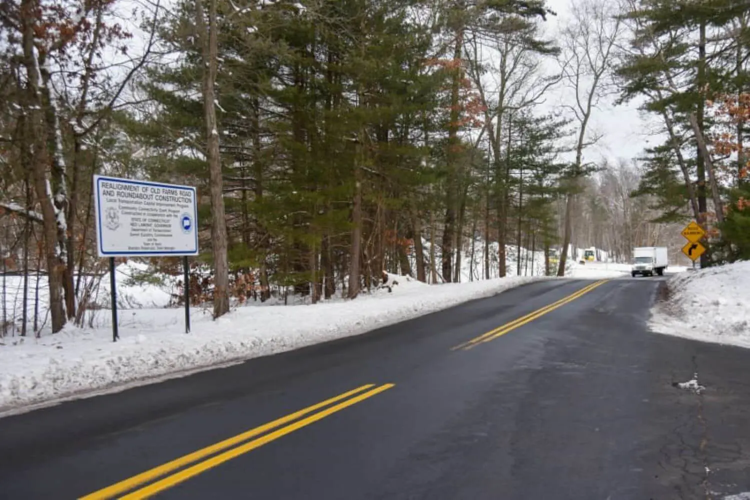 Old Farms Road in snowy weather.