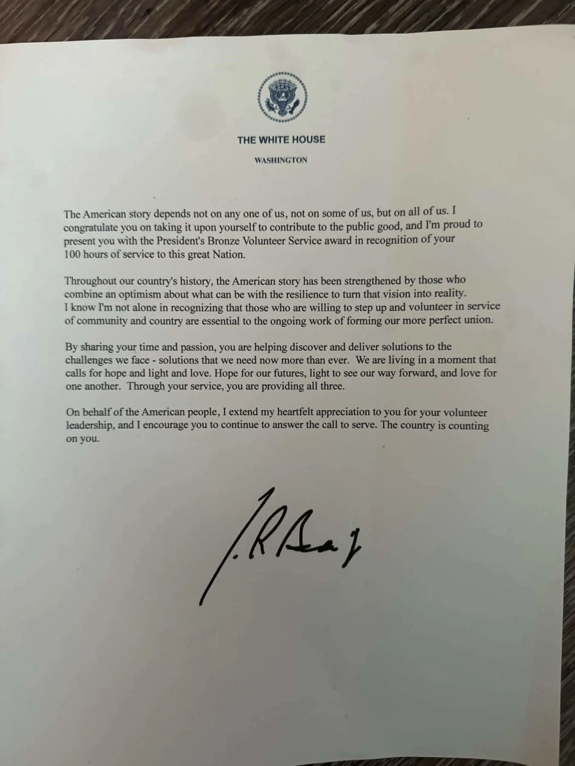  Presidential Recognition letter for Carter Barrett ’25