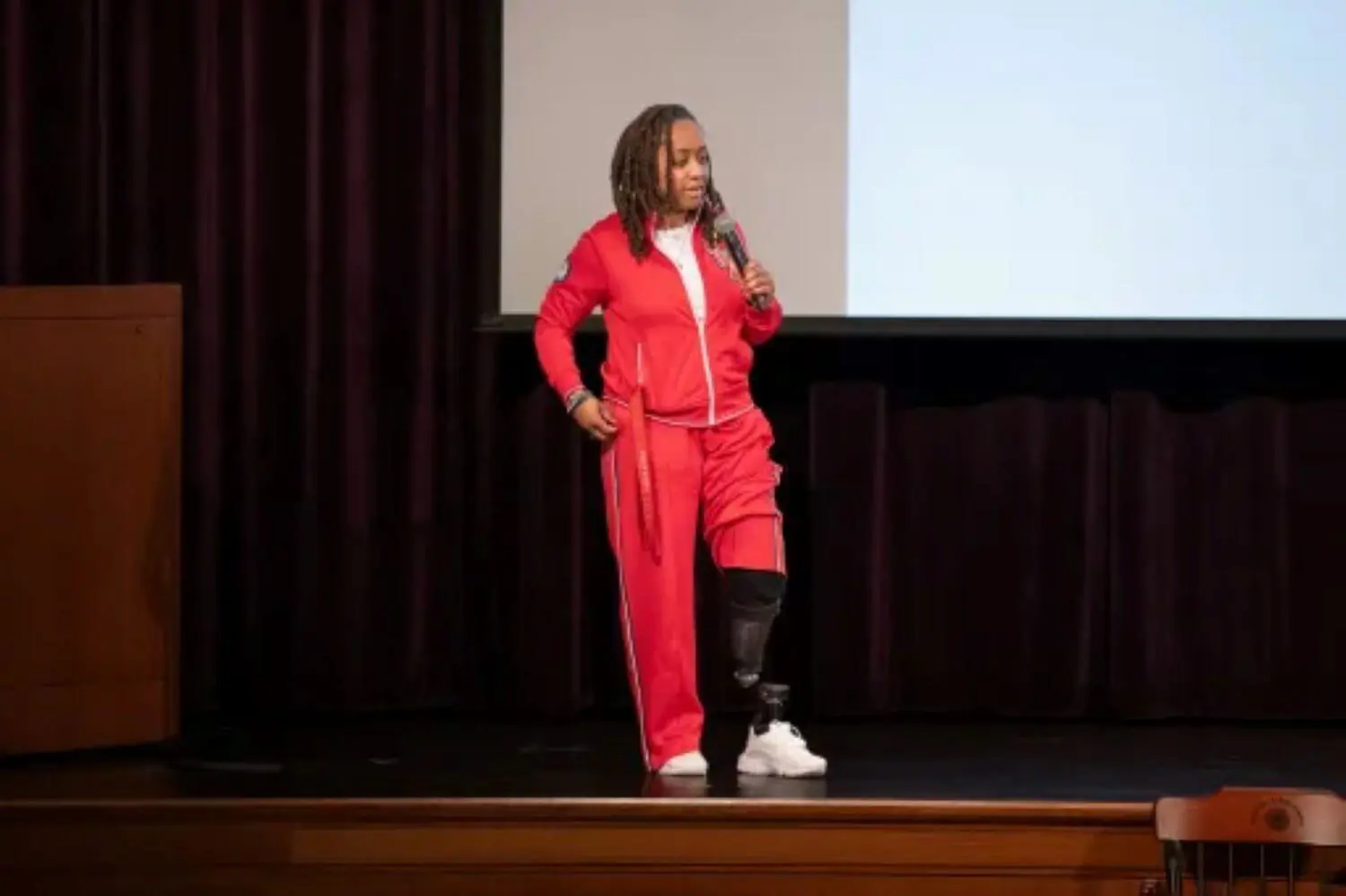 Paralympic Gold Medalist Sydney Satchell giving a talk at Avon Old Farms School.