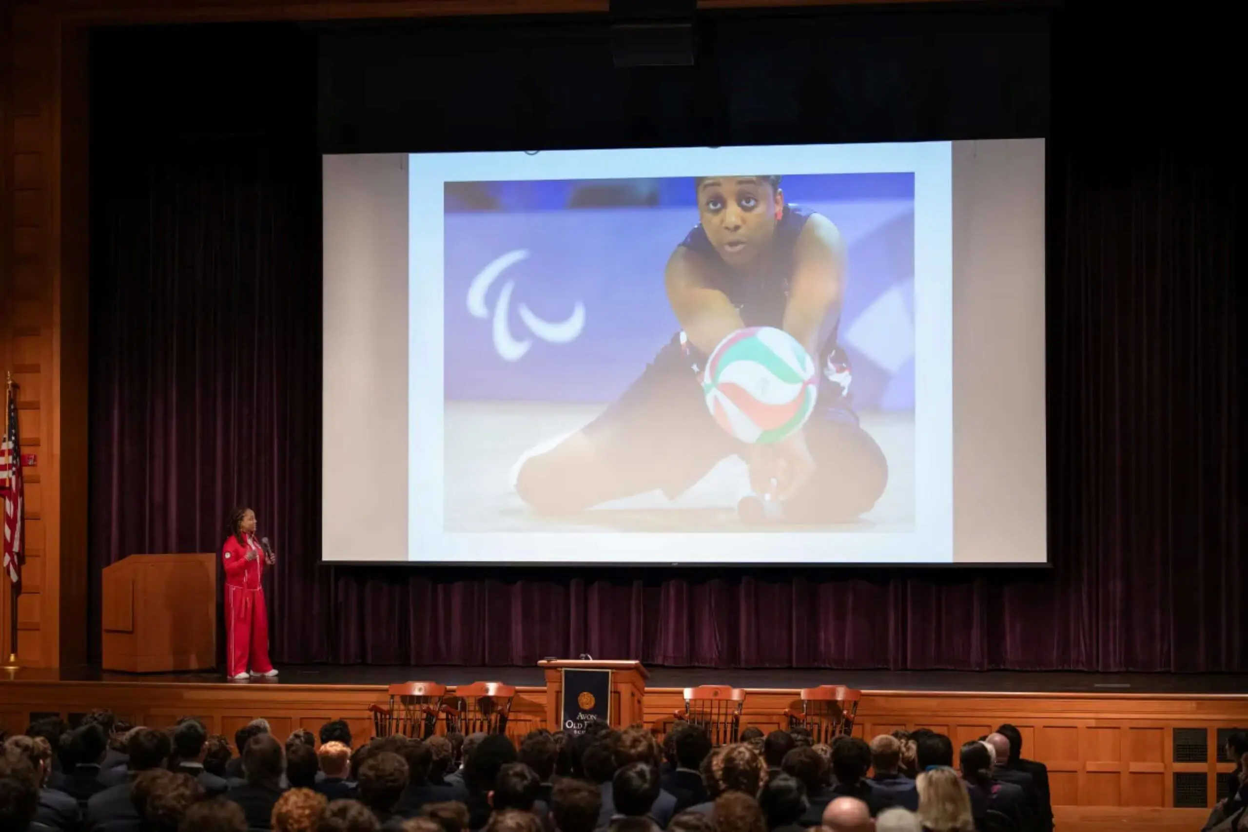 Paralympic Gold Medalist Sydney Satchell giving a talk at Avon Old Farms School.